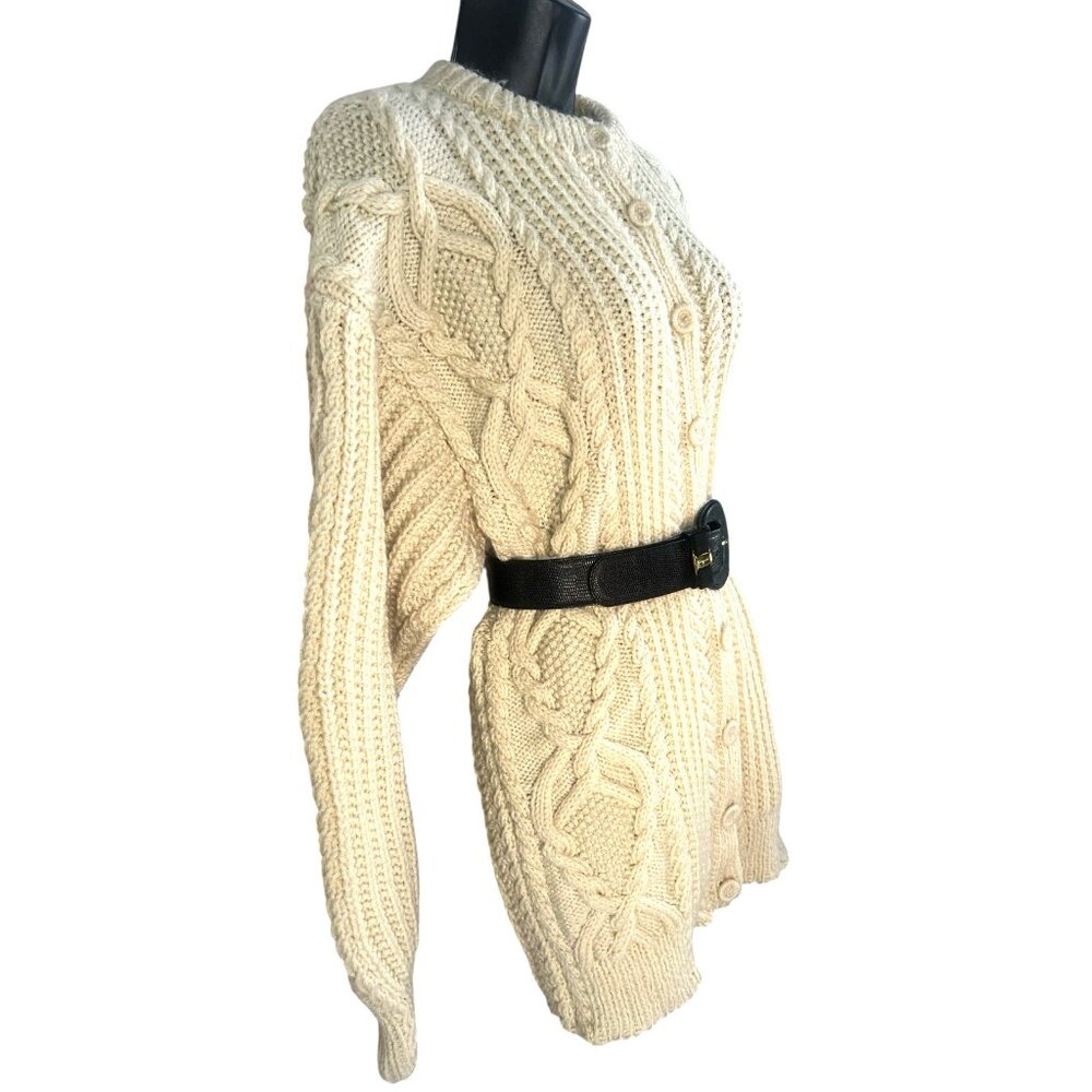 vtg‎ hand knit in Irland fishermans merino wool cardigan ivory womens sz L - Picture 4 of 6